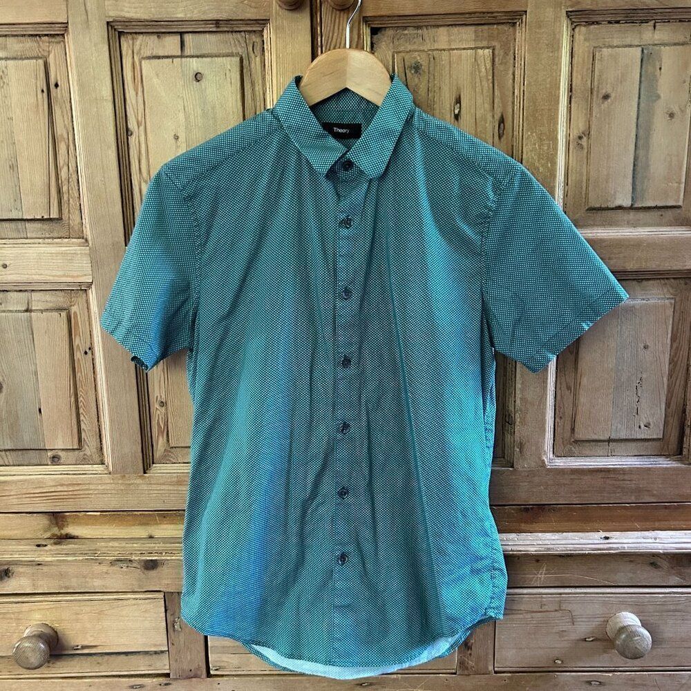 Men's Theory Small Zack Button‎ Up Green White Dots Button Collar Short Sleeve